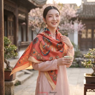 Silk scarf - Dragon Soaring High - Terracotta - 100x100 cm